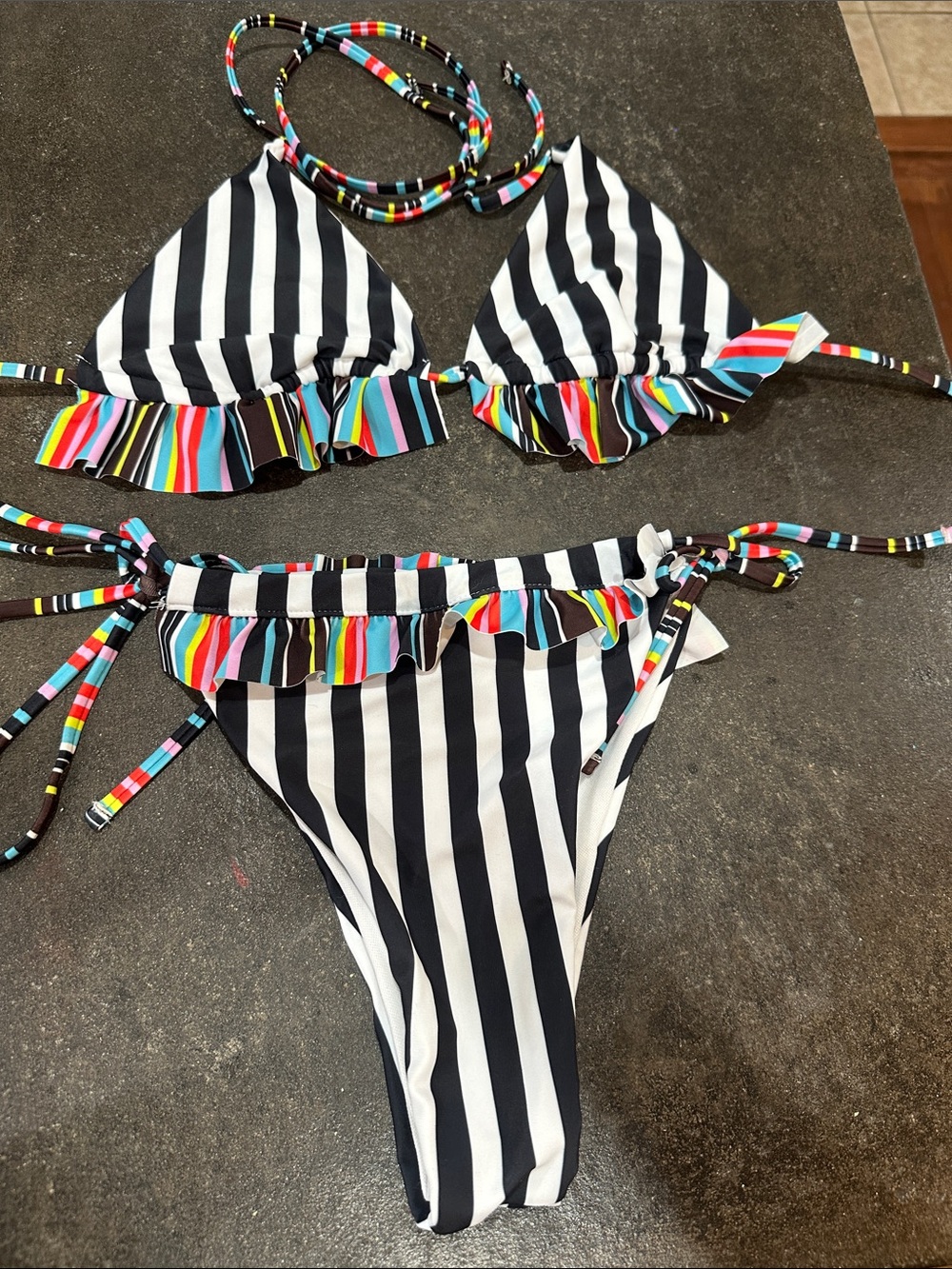 Striped Black & White Bikini with Multicolor Ruffle Trim
